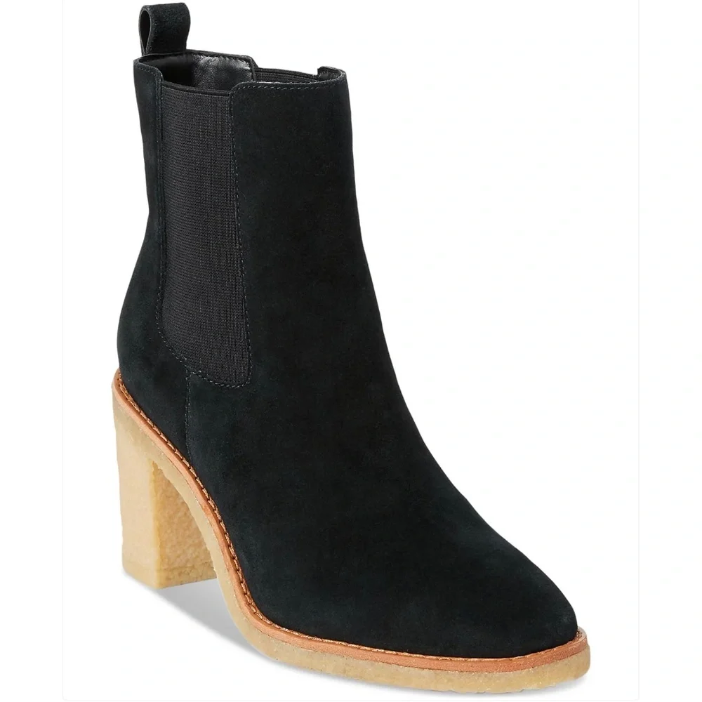 Ralph Lauren Marianna Black Suede Pull-On Chelsea Booties Block Heel Ankle Boots